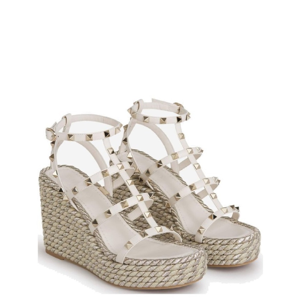 Valentino Garavani Rockstud Caged 95 Rope and Leather Wedge Sandal